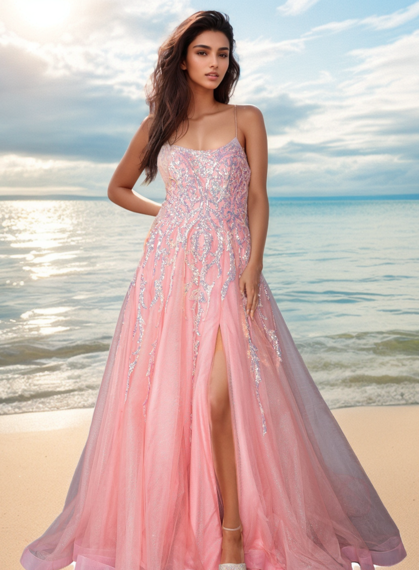 A woman wears the Blush Pink Long Prom Ball Gown: Dancing Queen 4431, featuring a thigh-high slit and shimmering beads, as she stands on a sandy beach with the ocean and cloudy sky in the background.